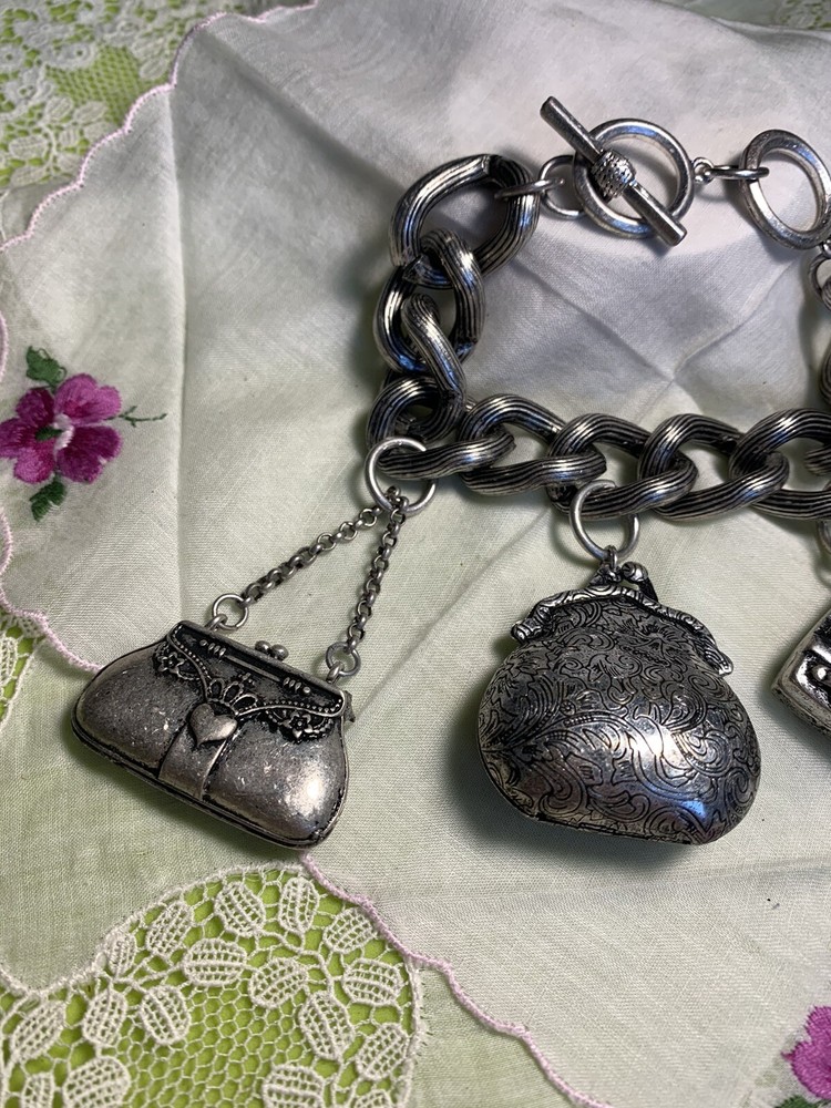 Silver Tone Chunky Statement Purse Charms Bracelet BR-45