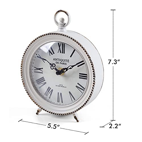 Vintage Table Clock with Handle, Shelf Desk Top Clock Battery Operated White