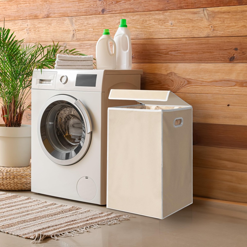 Foldable Laundry Hamper Basket with Lid, Beige