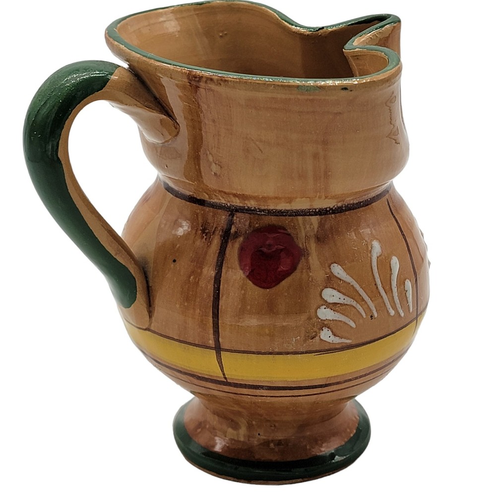 5" Brown Pottery Handled Pitcher Vase Handpainted Unsigned