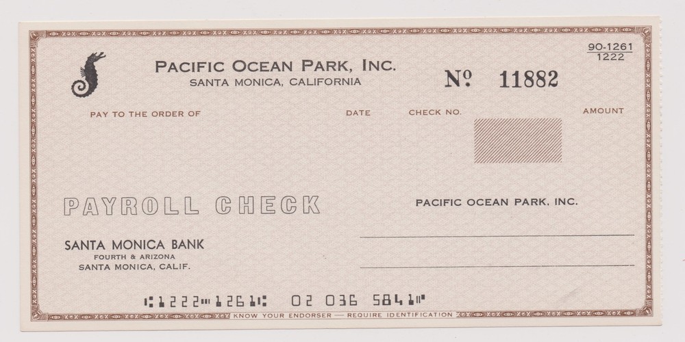 Pacific Ocean Park Payroll Check 11883