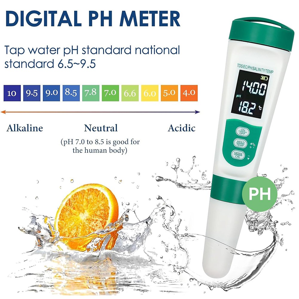5-in-1 pH TDS EC Salinity Temperature Water Tester with Voice Output