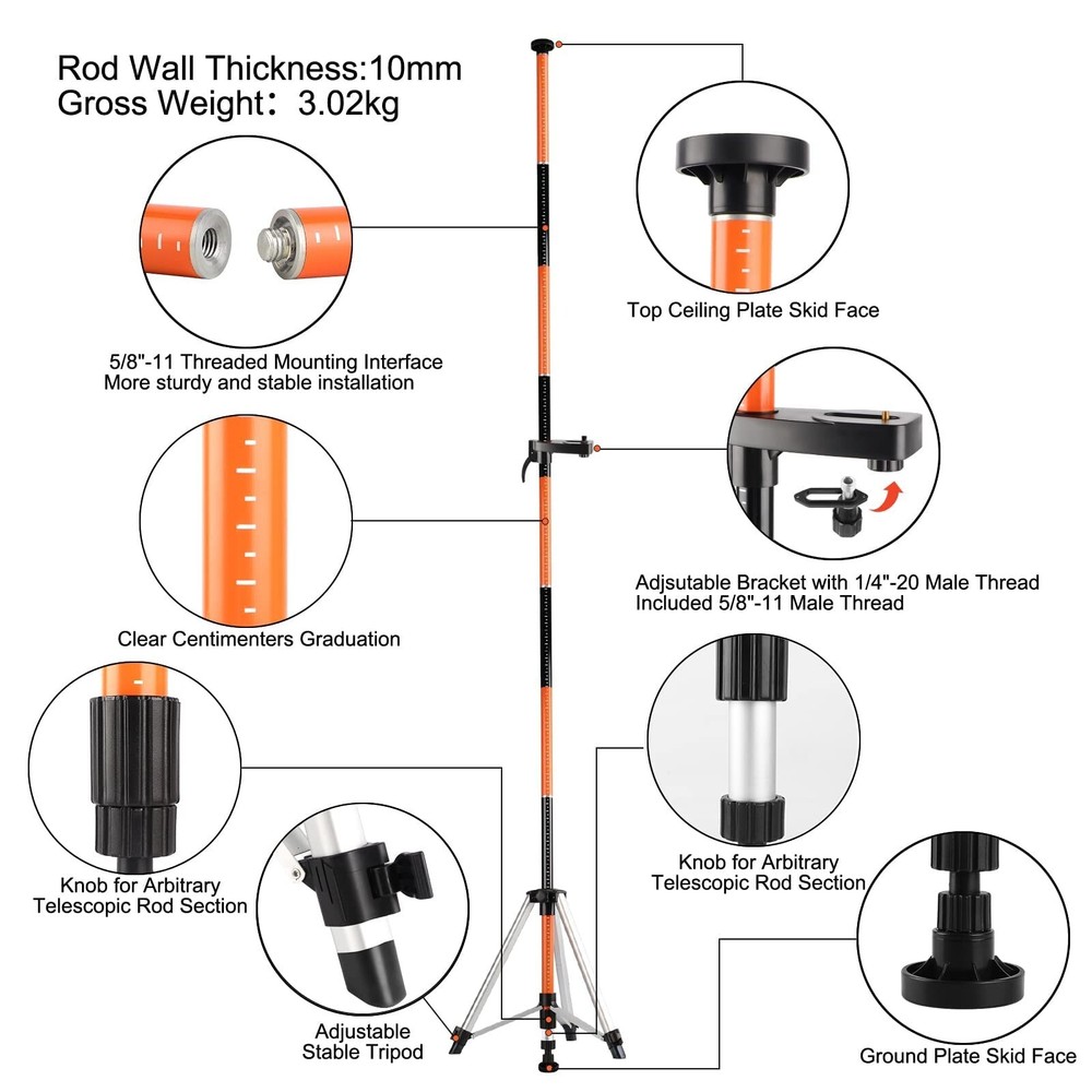 KEZERS Laser Level Pole with Tripod,12Ft./3.7M Telescoping Pole for Laser Lev...
