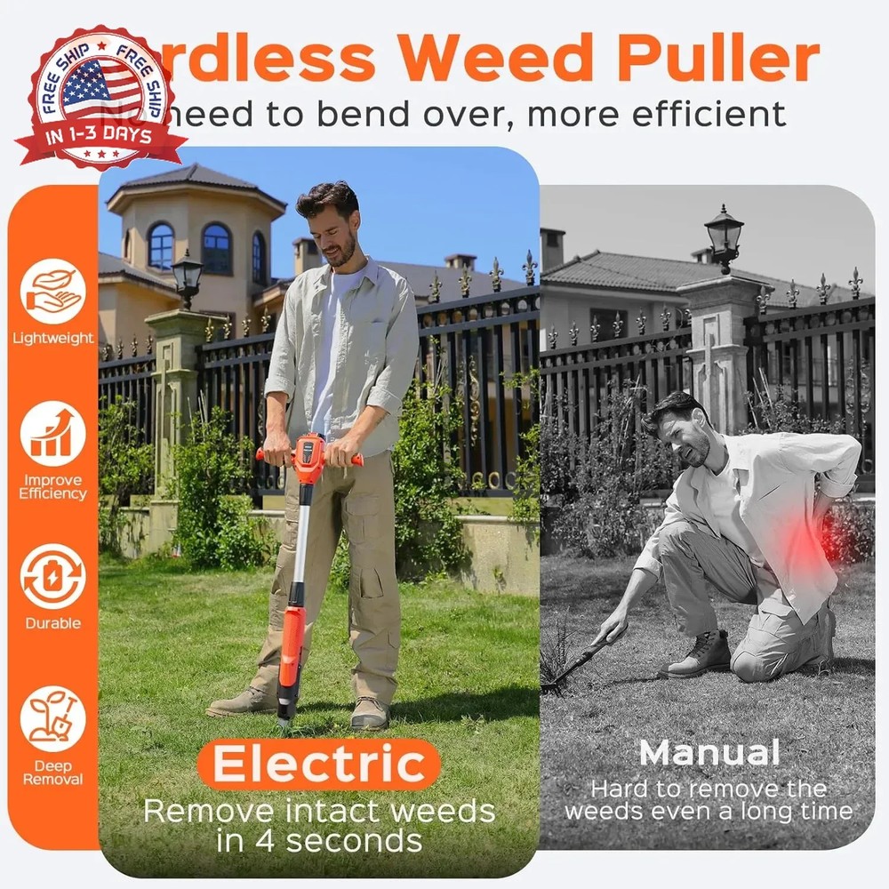 Weed Puller Tool, 21V Powerful Electric Weeder Tool with 2.0Ah Battery and Charg
