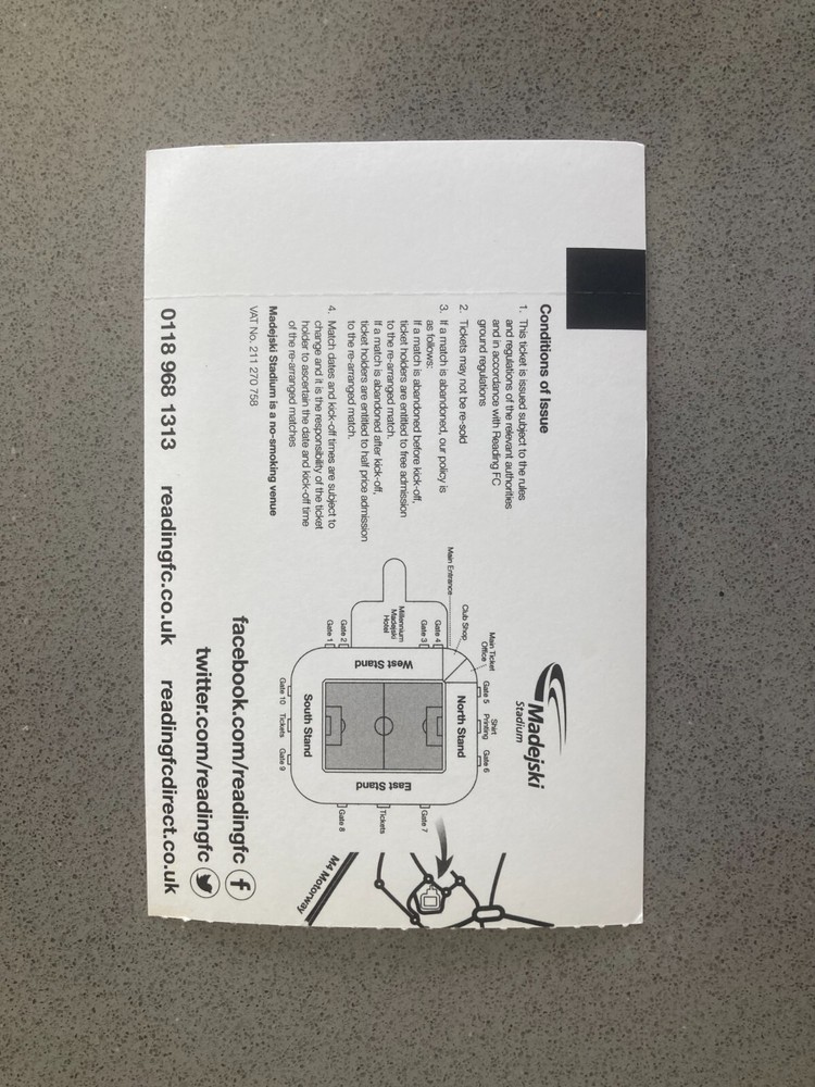 Reading v Fulham 2016-17 Match Ticket
