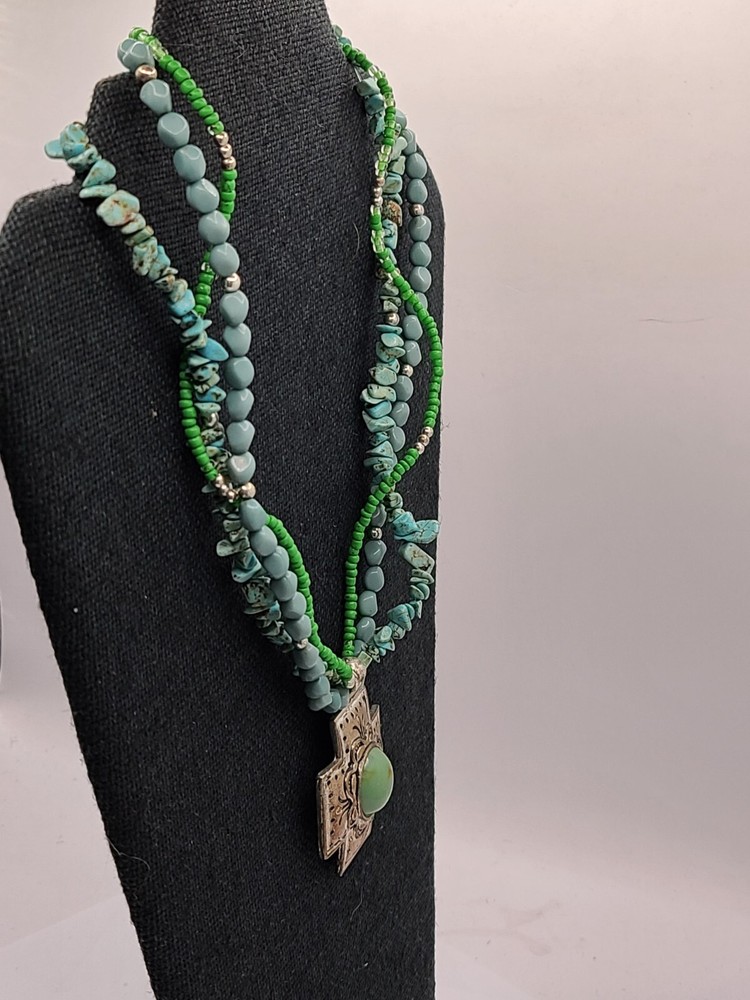 Vintage 3 Strand Torquoise Beaded Charm Necklace