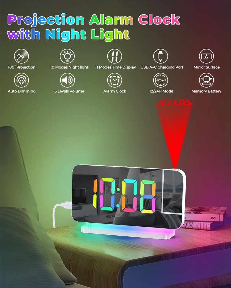 Digital Projection Alarm Clock with Rotatable LED Display and Modern Decor