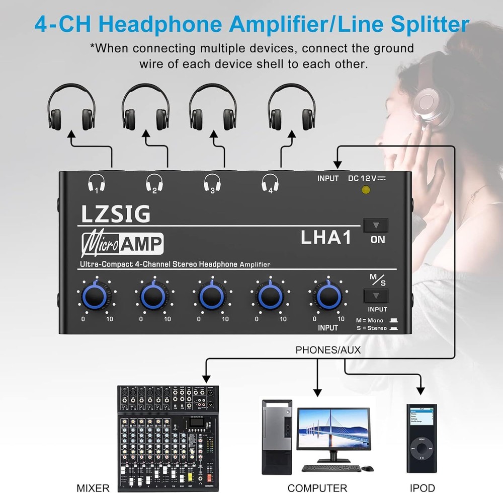 Thin Headphone Amplifier 4 Channels Stereo Audio Amplifier