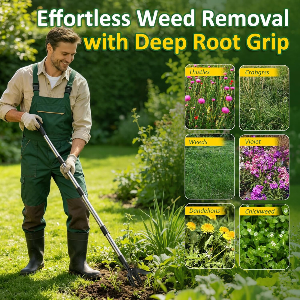Weed Puller Tool - Adjustable Upright Weeder, 4 Claw Long-Handled Weeding Tool,