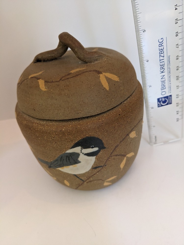 Handmade Pottery Jar Bird & Branches Pattern Handle Lid Matte Clay Brown