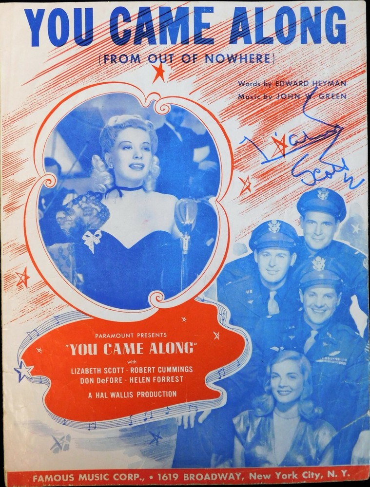Lizabeth Scott Signed You Came Along Sheet Music JSA Authenticated