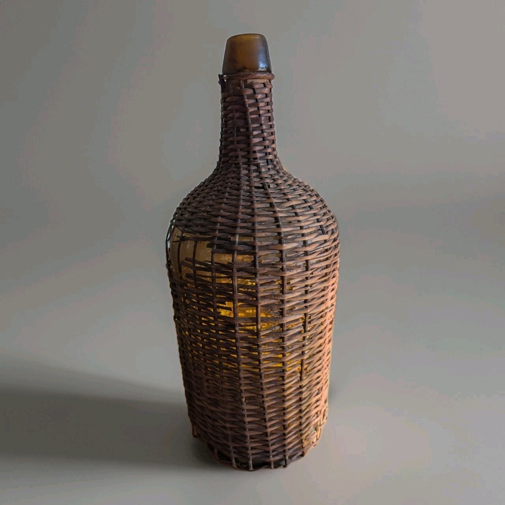 15.5" Antique Wicker Amber Bottle Demijohn