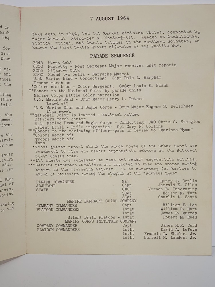 Marine Barracks Washington DC, 7 August 1964 Evening Parade Program