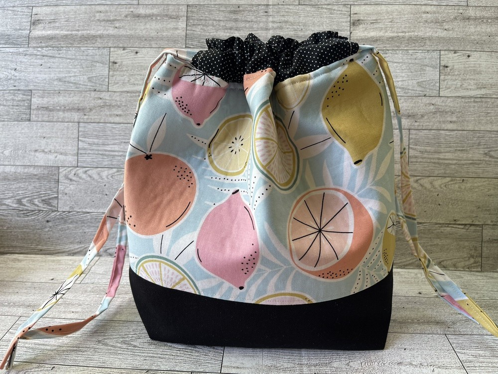 Knitting project bag handmade summer Fruit Print Storage Tote Drawstring