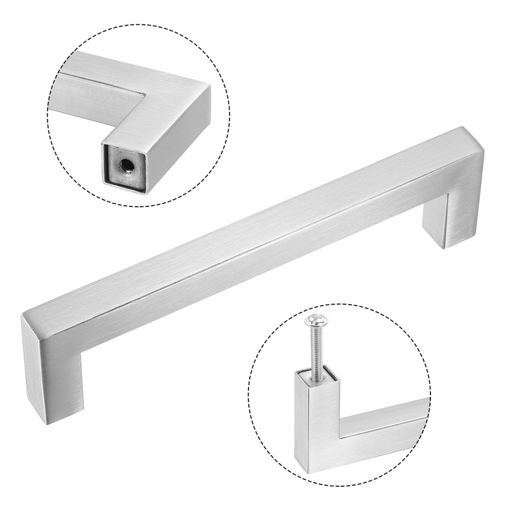 5 Pack Square Bar Drawer Handles, 5" Hole Center Kitchen Cabinets Pull, Silver