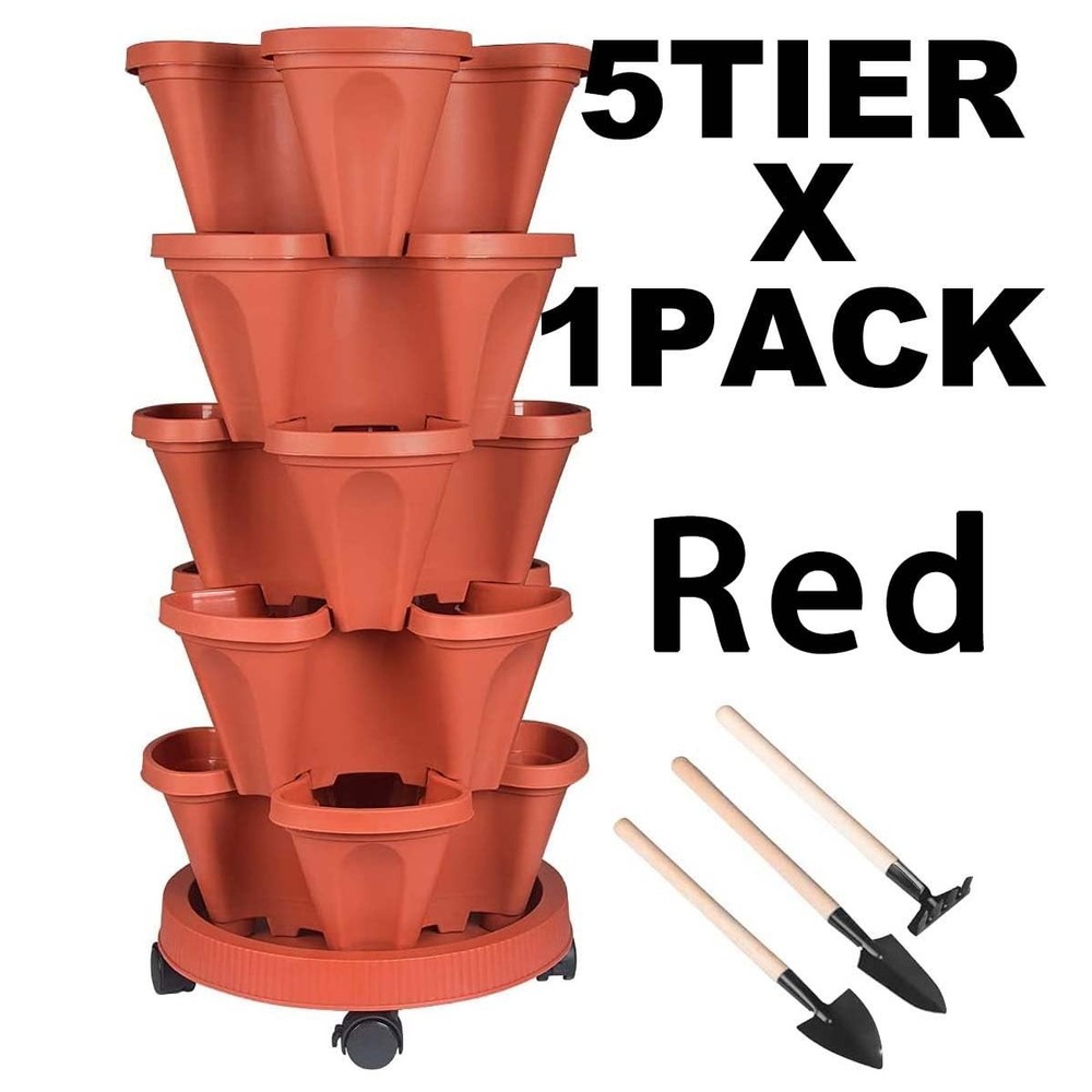 GameXcel Vertical Planter 5 Tier Stackable Planters Garden 5 1 Pack, Red