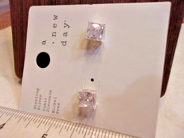 Sterling 925 CZ Square Stud Earrings- New