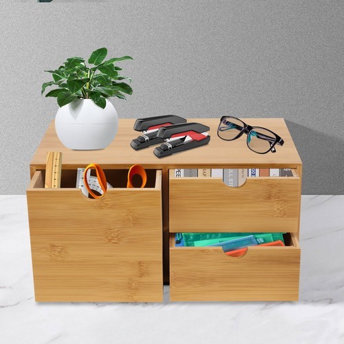 Desk Organizer Office Desktop Drawers Storage Bamboo Box Storage Recess Handle