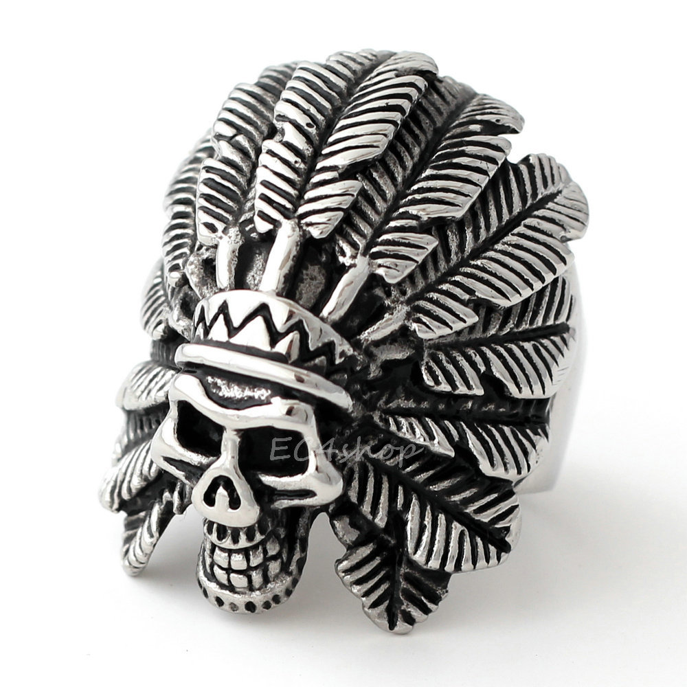 Men's Large Retro Indian Apache Chief Skull Biker Ring Silver Stainless Steel