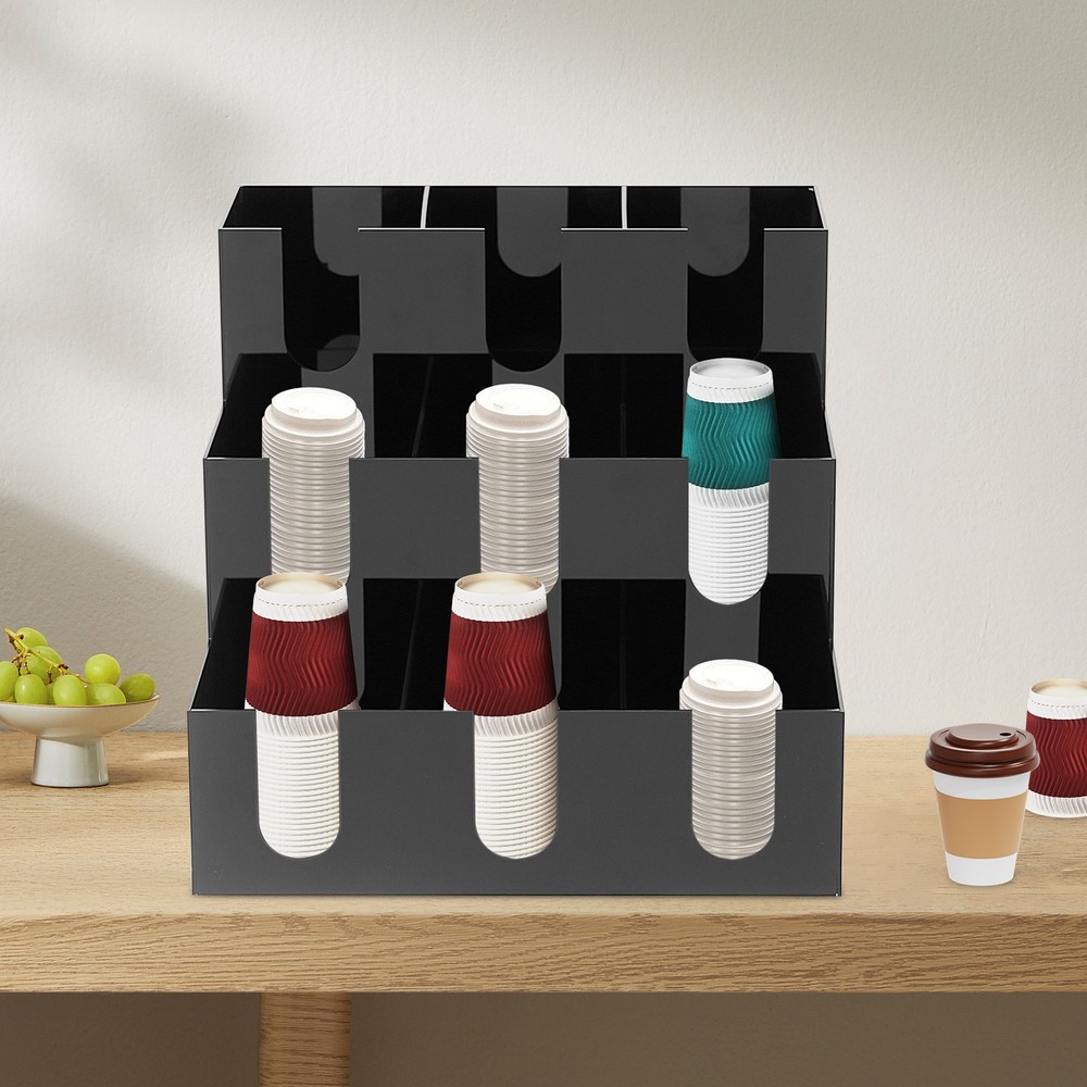 Black Acrylic Coffee Cup Holder Tabletop Disposable Cups Organizer 9-Compartment