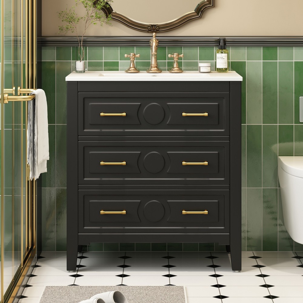 Black 30 Inch Bathroom Vanity with Ceramic Sink & 3 Solid Wood Drawers