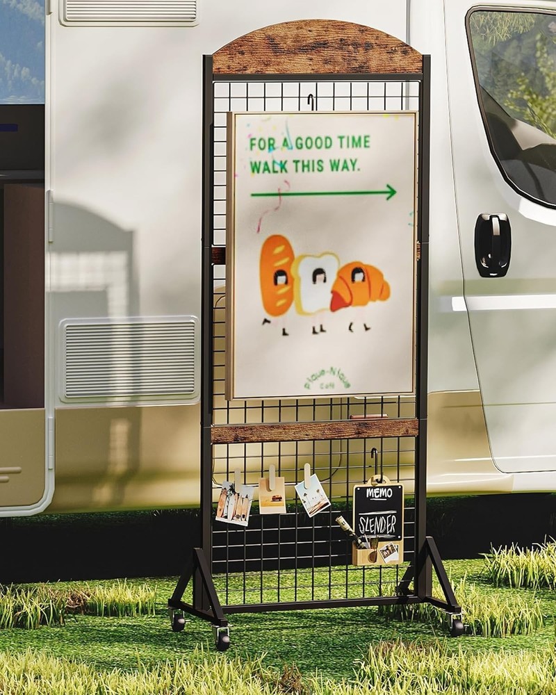 Display Grid Rack 5.2 ft Panel & Rustic Wood Stand Craft Art Gridwall Wire Tower