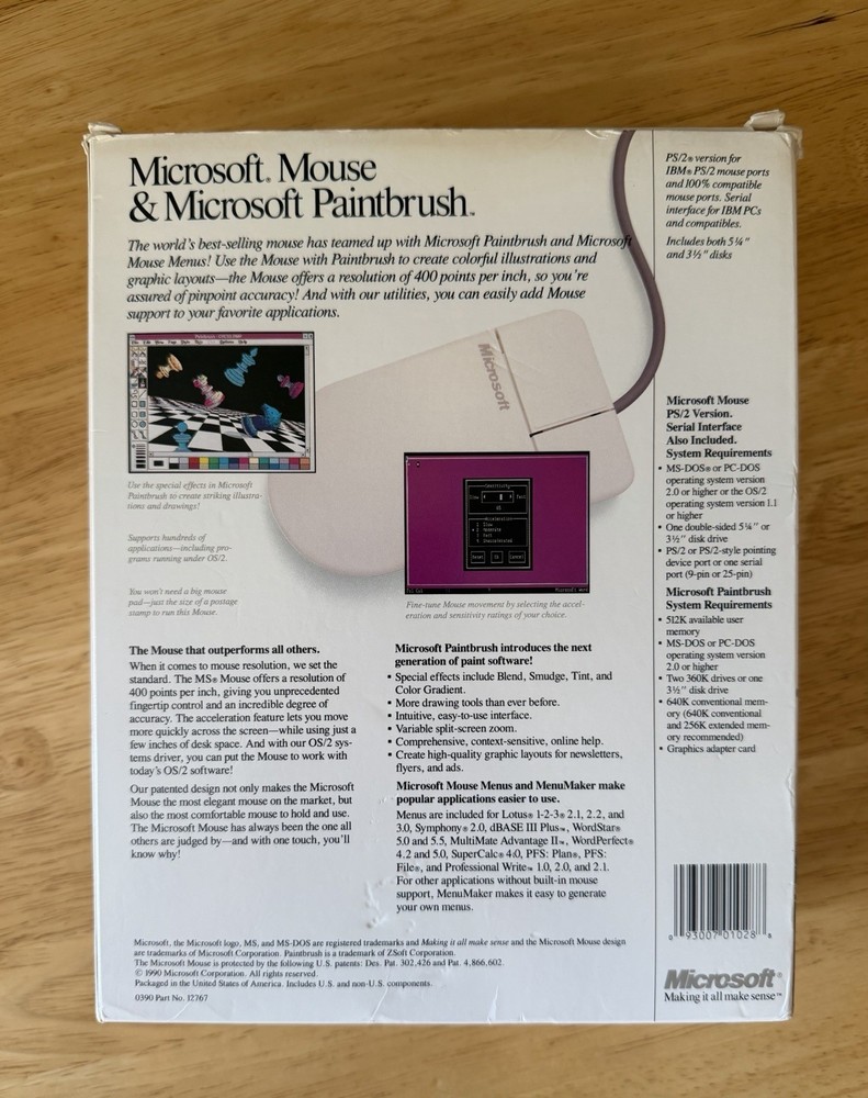 Microsoft Mouse & Paintbrush (1990) "New Version" Never Used ~ Sealed Software