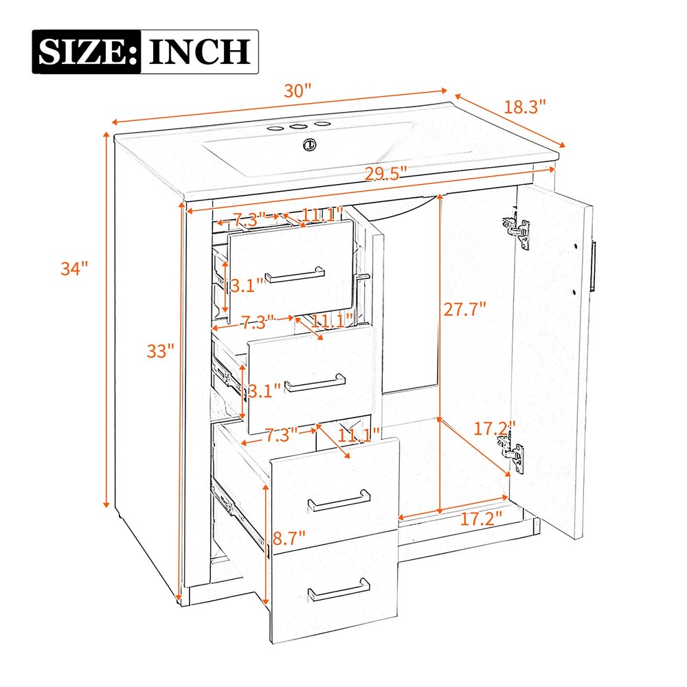 30'' Bathroom Vanity with Ceramic Sink Combo,Solid Wood Frame Bathroom Cabinet