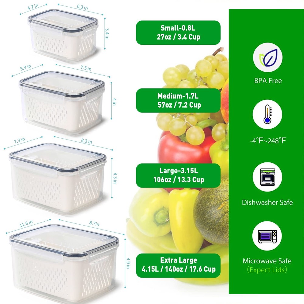 Pack of 4 Fruit Fresh Produce Protector, Grape Container for Fridge, Fruit Sa...