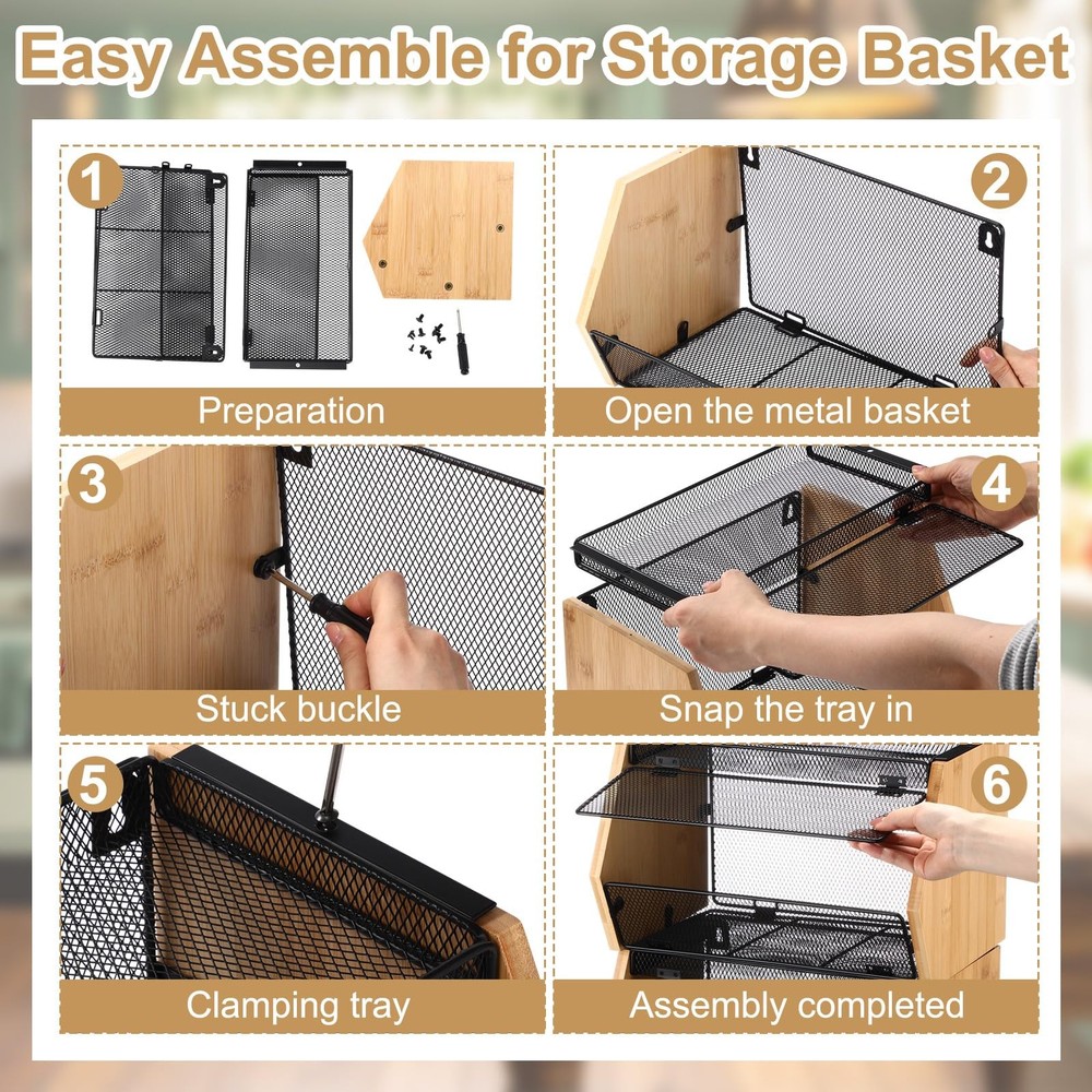 2PCS Stackable Mesh Fruit Basket Wall Mounted Storage Bin for Kitchen Bathroom