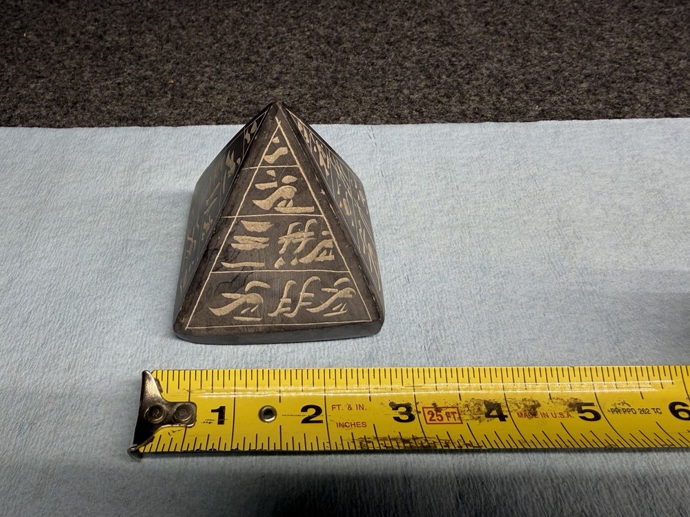 Vintage Egyptian Basalt Pyramid Hieroglyph Solid Stone Hand Carved