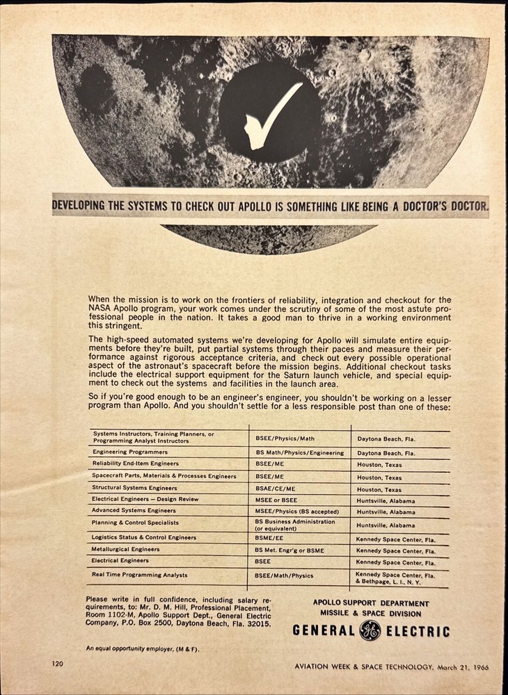 General Electric Engineers Needed for NASA Apollo Program Vintage Print Ad 1966