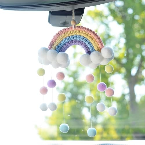 Boho Macrame Car Charm Rainbow – Rearview Mirror Hanging Ornament, Handmade