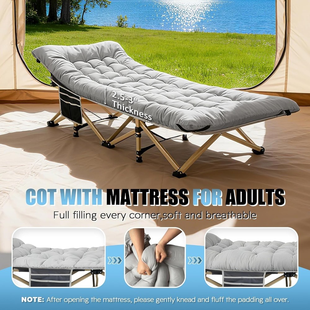 Foldable Camping Cot for Adults - Removable Mattress & Side Storage Pocket