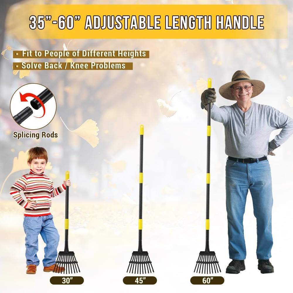 Leaf Rake, Small Rake for Leaves with 30"-60" Adjustable 5 FT, Black, Yellow