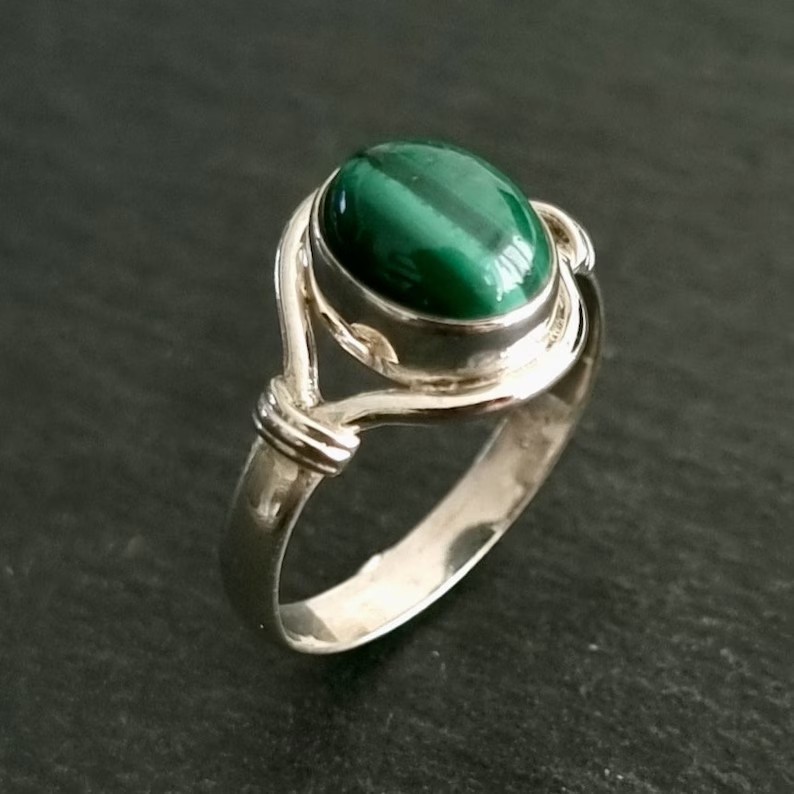 Solid 925Sterling Silver Natural Malachite Oval Gemstone Handmade Boho Band Ring