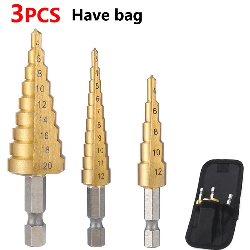Step Drill Bit Set - Titanium Coated,High Speed Steel Drill Cone Bits,3-Piece