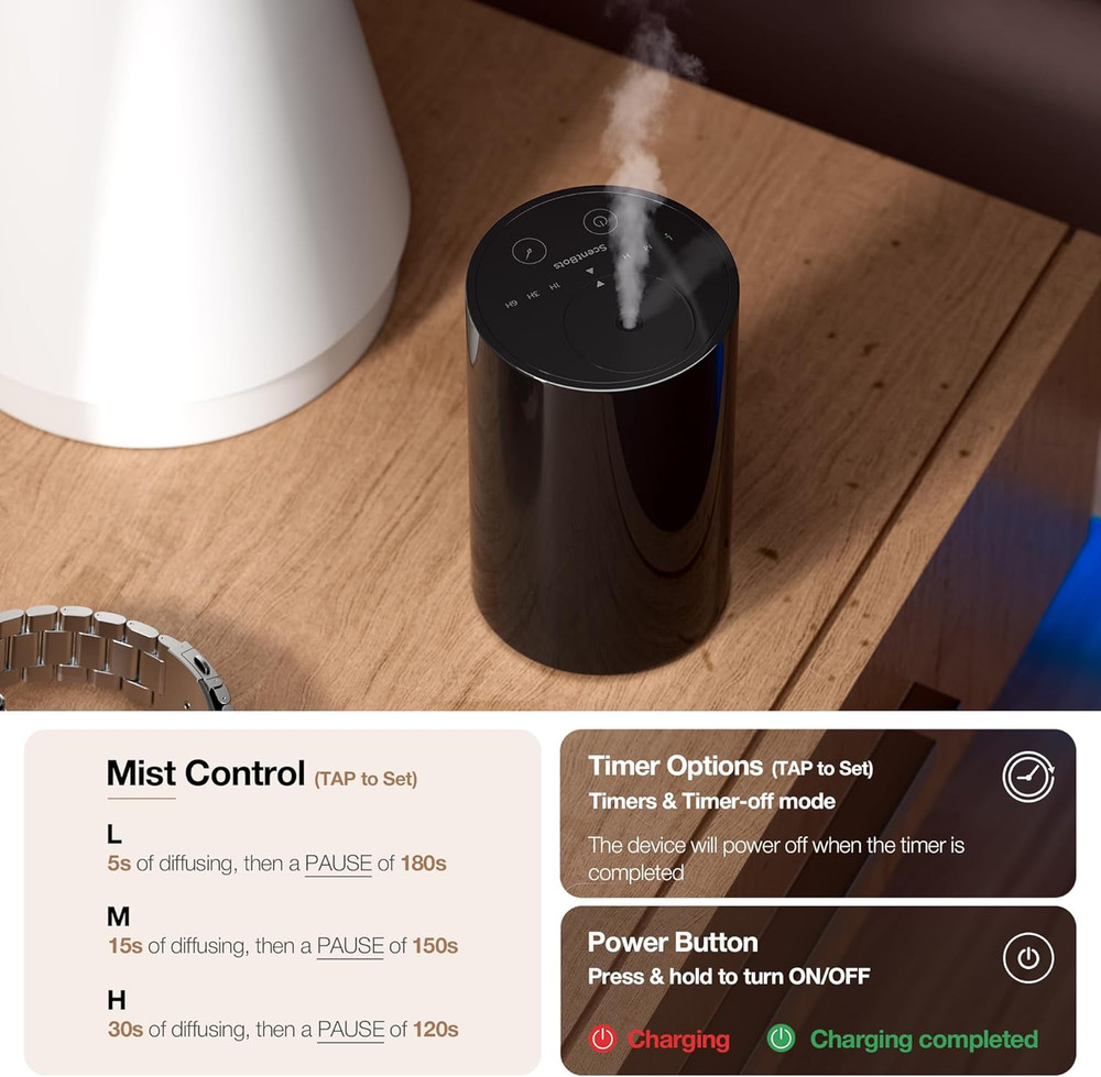 Waterless Essential Oil Diffuser, Battery Operated Aromatherapy Diffuser with 20