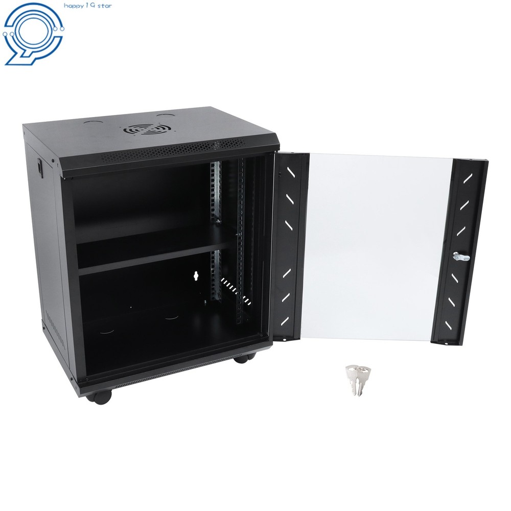 12U Enclosed Server Rack 15.5" Deep, Secure Lock Glass Front & Sides