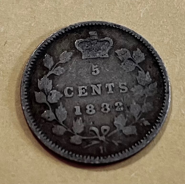 1882H CANADA 5 CENTS, KM#2, FINE CONDITION