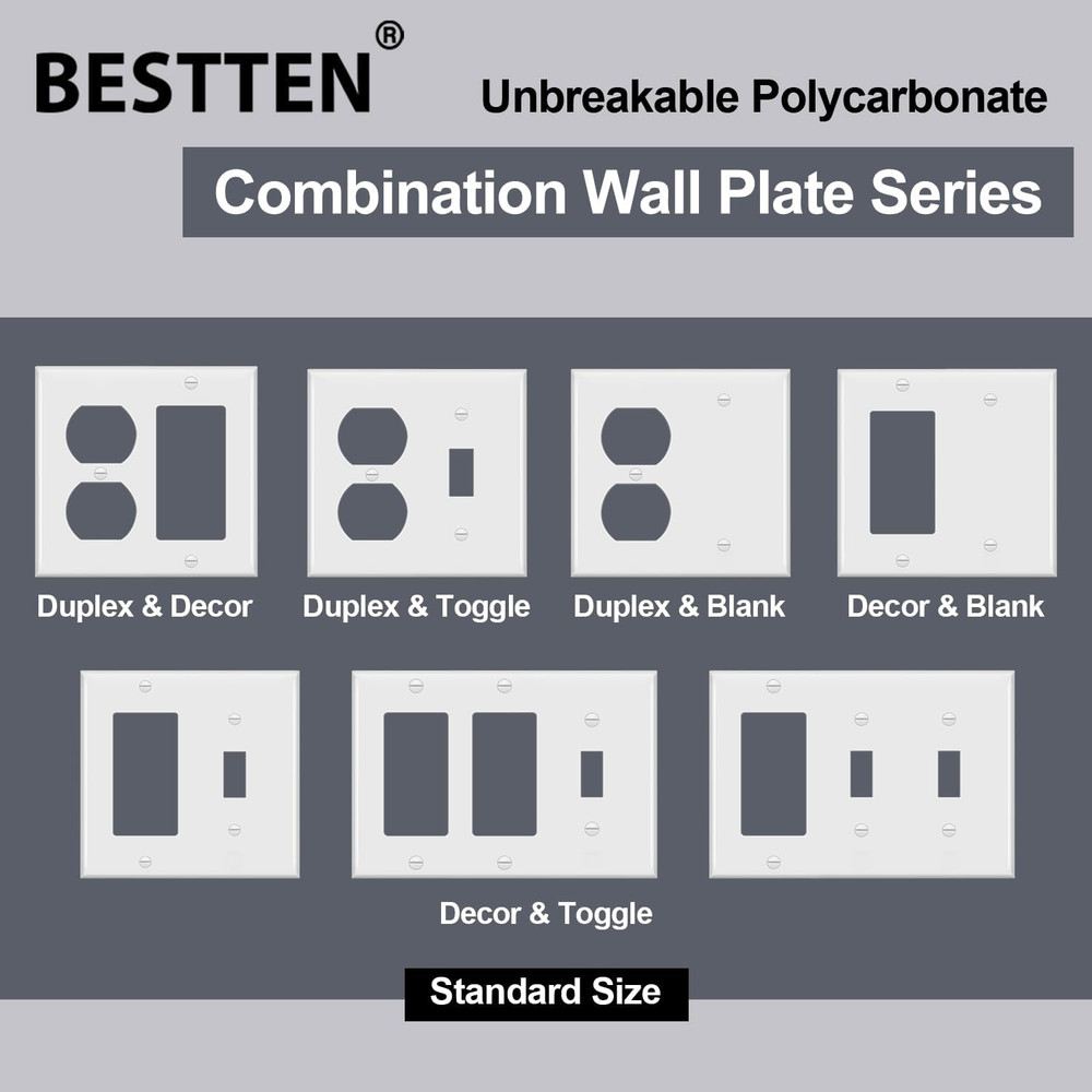2-Pack 2-Gang Combination Wall Plate, Unbreakable White Polycarbonate