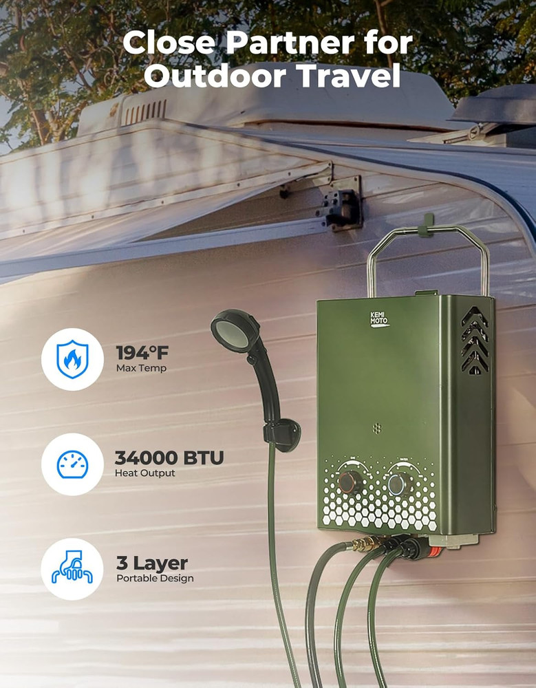 Camping Portable Tankless Water Heater 5L Capacity，1.32Gpm 34000 BTU Instant Pro