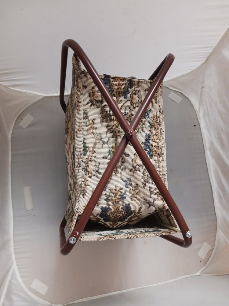 1970s Vntage Sewing Caddy Basket With Plastic Folding Frame Tan Tapestry & Lined
