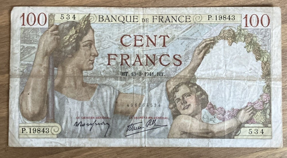 France Banknote. 100 Francs. Dated 1941. Vintage Note.
