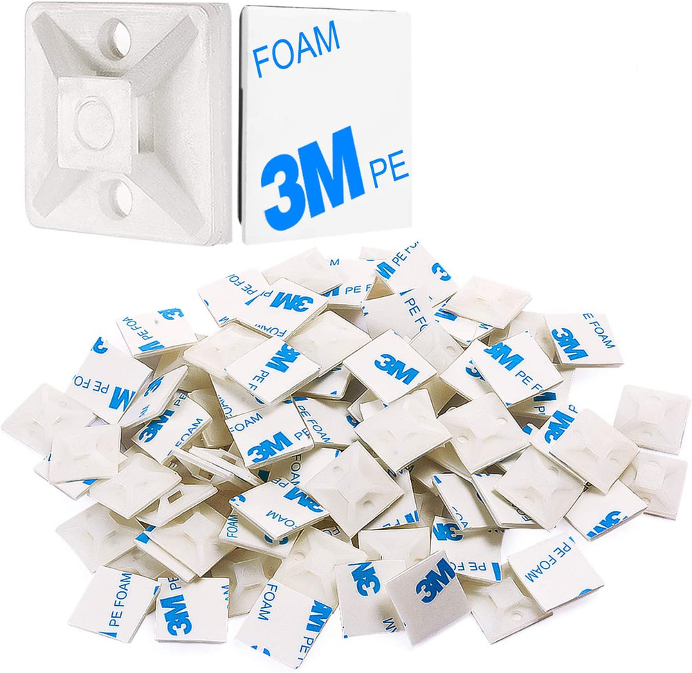 100 PCS 3/4" White Self Adhesive Cable Zip Tie Mounts Wire Cable Clips Holders M