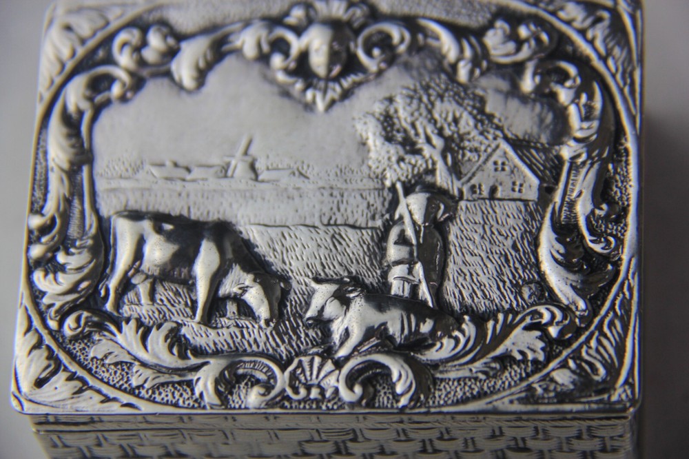 Antique German Hanau 800 Silver Rectangular Hinged Box w/ Embossed Farming Scene