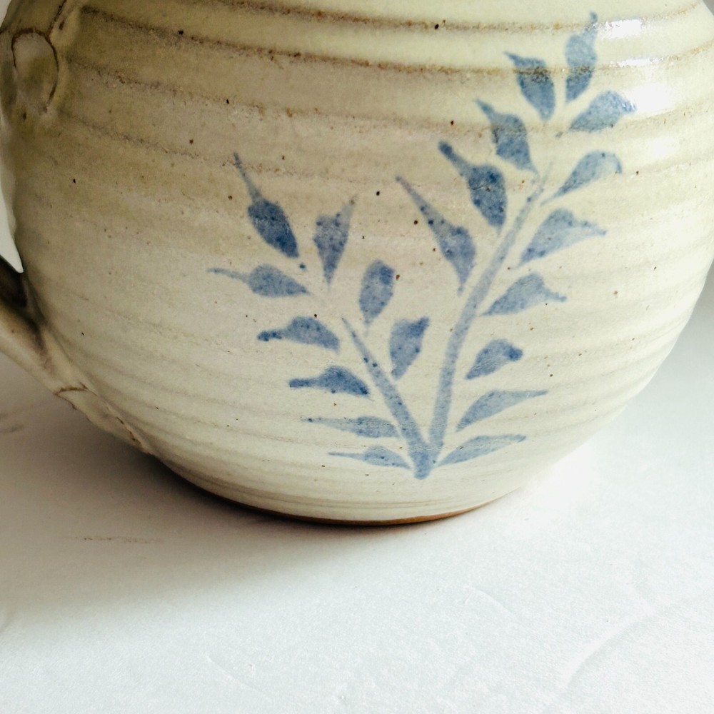 Studio B Pottery Pitcher Earthenware Blue Leaves Signed Thorpe 5.5 Inch
