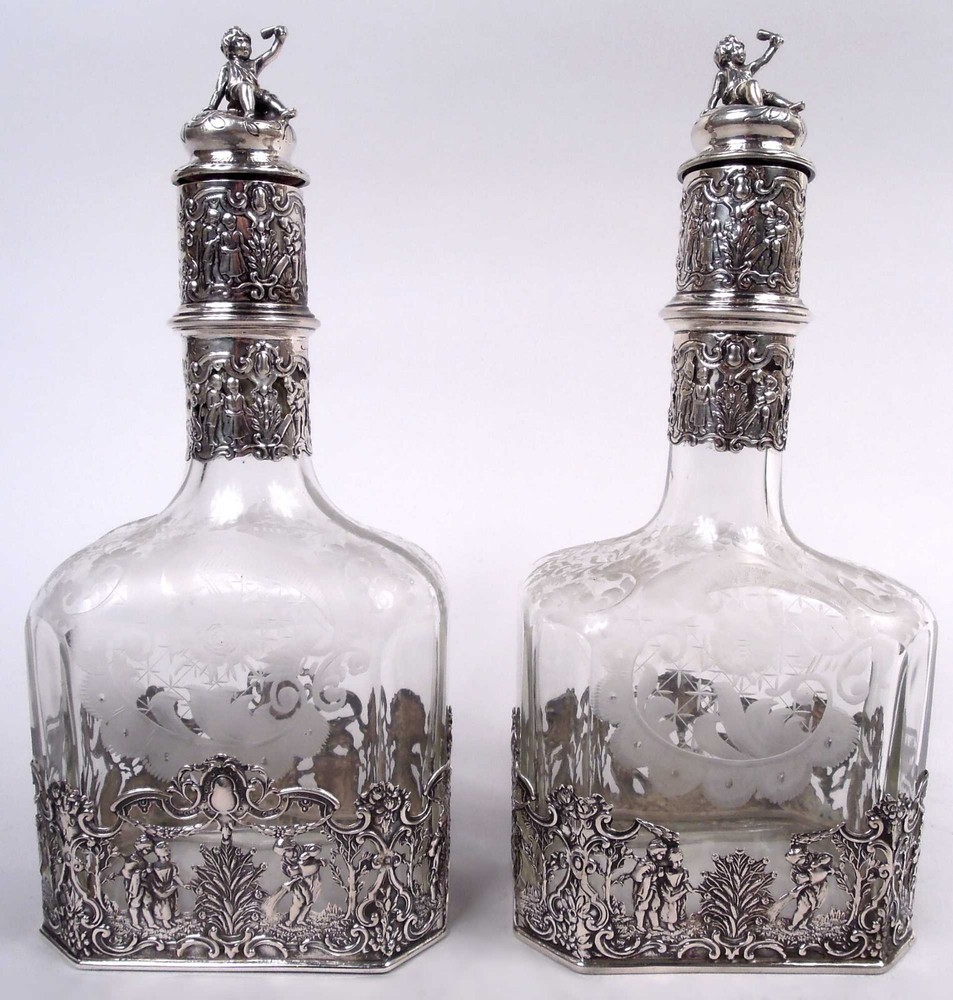 Storck & Sinsheimer Decanters Antique Rococo Hanau German 800 Silver