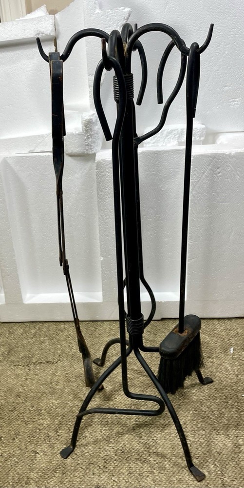 Vintage Hand Forged Fireplace Tool Set (Stand & 4 Tools)