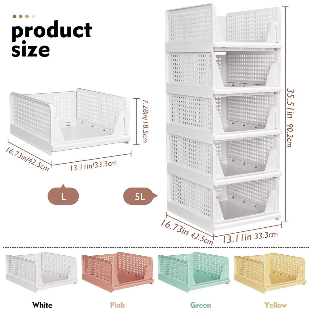 SNSLXH 5 Pack Stackable Closet Storage Basket, Multifunctional & Foldable Closet